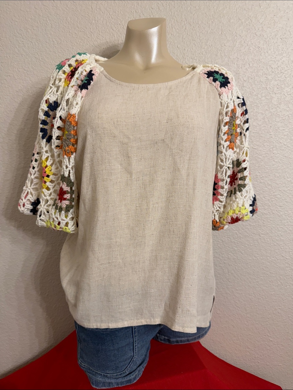 Umgee Cream Linen-Blend Tunic with Colorful Crochet Puff Sleeves
